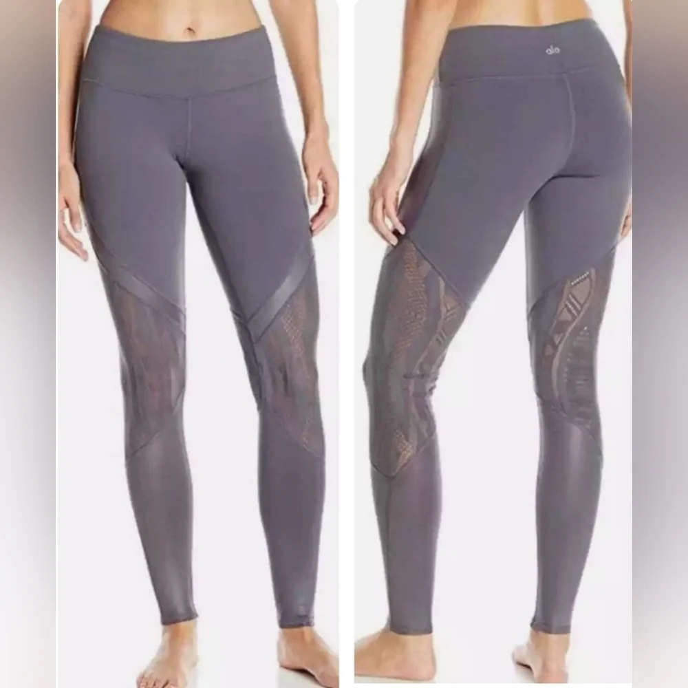 ALO YOGA VITALITY LEGGING LIVELY LACE IN SLATE GLOSSY SIZE XS